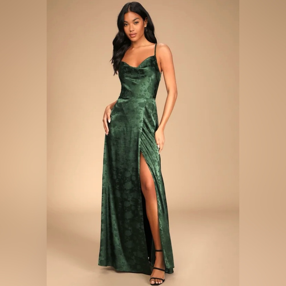 Lulus Simply Dreamy Emerald Green Satin Floral Jacquard Maxi Dress